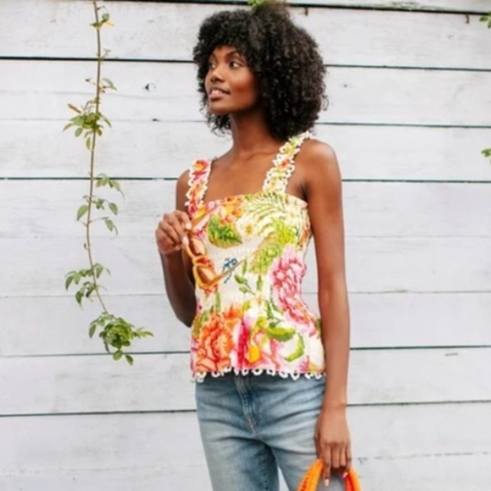 FARM Rio Floral Smocked Tank Top in White, Pink, Green, Orange